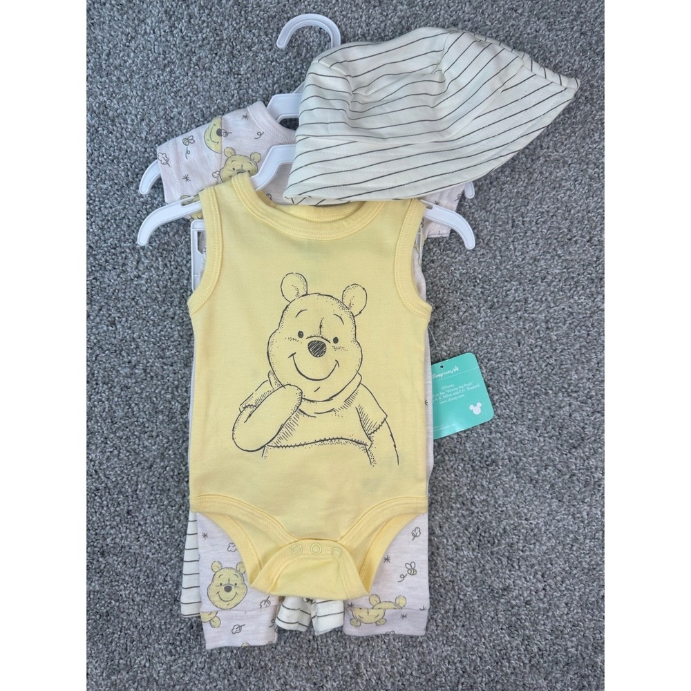 Disney Baby Winnie the Pooh 5 Piece Bodysuit Pants Shorts Hat Set 0-3M NWT - Picture 3 of 8